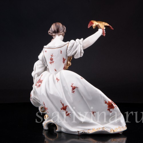 Фарфорвая статуэтка Дама с попугаем и собачкой, Volkstedt, Германия, до 1935 г.