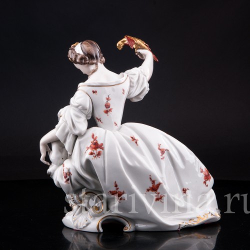 Фарфорвая статуэтка Дама с попугаем и собачкой, Volkstedt, Германия, до 1935 г.