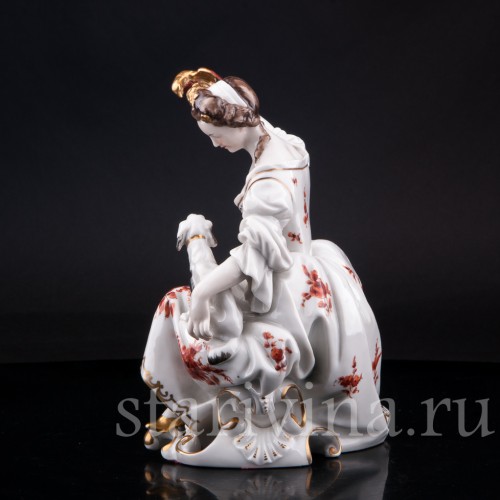 Фарфорвая статуэтка Дама с попугаем и собачкой, Volkstedt, Германия, до 1935 г.