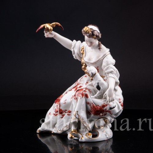 Фарфорвая статуэтка Дама с попугаем и собачкой, Volkstedt, Германия, до 1935 г.