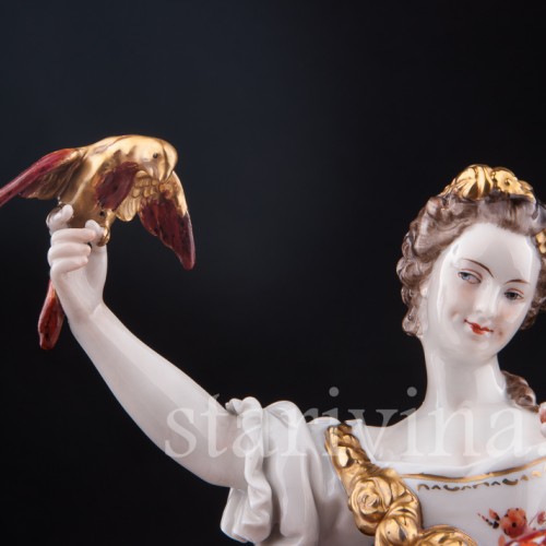 Фарфорвая статуэтка Дама с попугаем и собачкой, Volkstedt, Германия, до 1935 г.