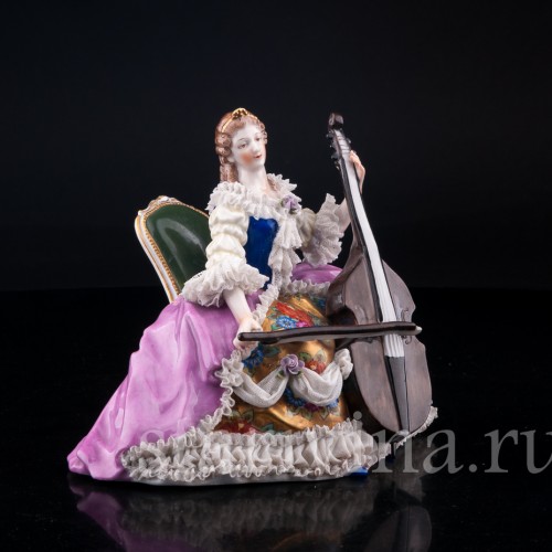 Фарфоровая статуэтка Дама с виолончелью, кружевная, Дрезден, Германия, нач. 20 в