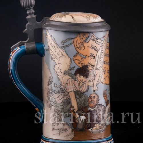 Старинная пивная кружка Выпивоха на Олимпе, 1/2 л, Villeroy & Boch, Германия, 1892 г.