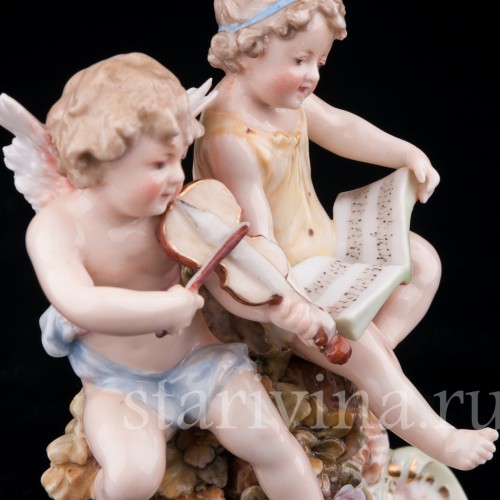 Фарфорвая статуэтка Божественная музыка (ангелочки со скрипкой и нотами), Volkstedt, Германия, 19 в.