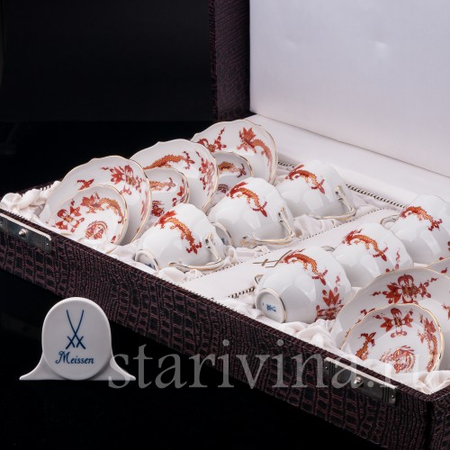 Кофейный сервиз Красный дракон на 6 персон в кофре, Meissen, Германия, сер. 20 в