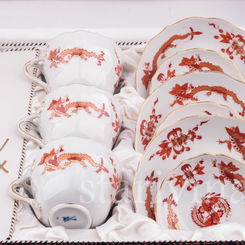 Кофейный сервиз Красный дракон на 6 персон в кофре, Meissen, Германия, сер. 20 в