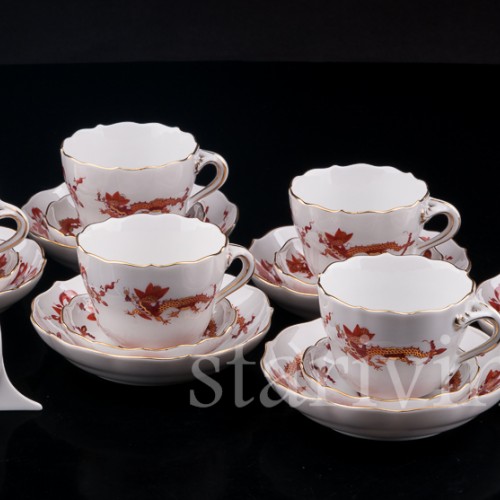 Кофейный сервиз Красный дракон на 6 персон в кофре, Meissen, Германия, сер. 20 в