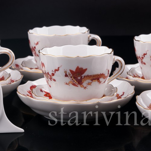 Кофейный сервиз Красный дракон на 6 персон в кофре, Meissen, Германия, сер. 20 в