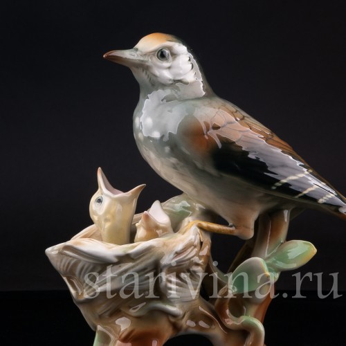 Фарфорвая статуэтка птиц Дрозд рябинник с птенцами, Muller & Co, Германия, пер. пол. 20 в.