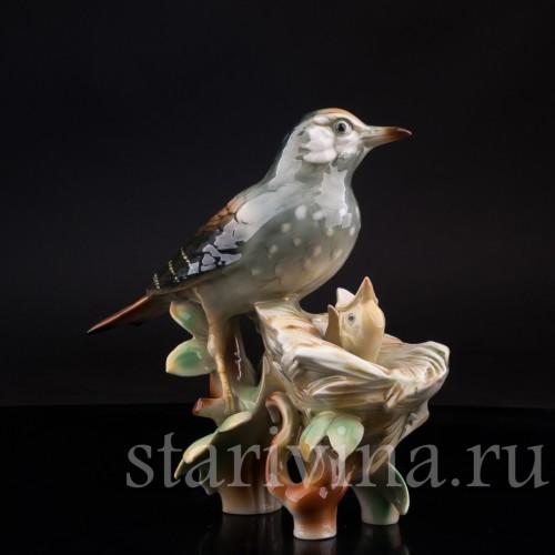 Фарфорвая статуэтка птиц Дрозд рябинник с птенцами, Muller & Co, Германия, пер. пол. 20 в.