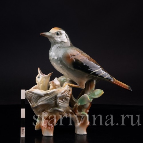 Фарфорвая статуэтка птиц Дрозд рябинник с птенцами, Muller & Co, Германия, пер. пол. 20 в.