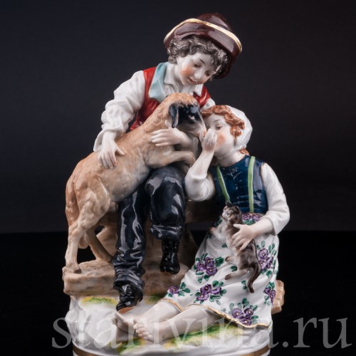 Статуэтка из фарфора Дети с овечкой и котом, Ernst Bohne Sohne, Германия, кон. 19 - нач. 20 вв.