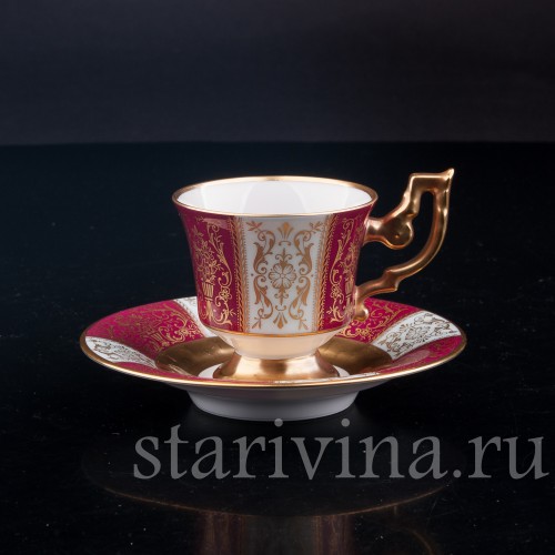 Фарфоровая Кофейная пара, красная с золотом, Heinrich & Co, Германия, сер. 20 в.