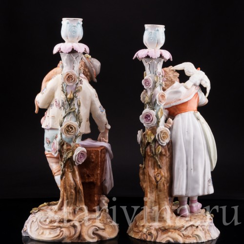 Старинная фарфоровая композиция Пара с подсвечниками, Volkstedt, Германия, кон. 19 в.