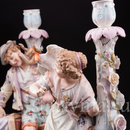 Старинная фарфоровая композиция Пара с подсвечниками, Volkstedt, Германия, кон. 19 в.