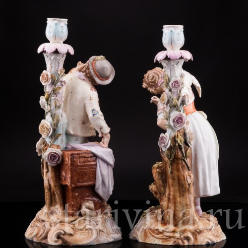 Старинная фарфоровая композиция Пара с подсвечниками, Volkstedt, Германия, кон. 19 в.