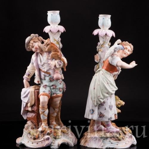 Старинная фарфоровая композиция Пара с подсвечниками, Volkstedt, Германия, кон. 19 в.