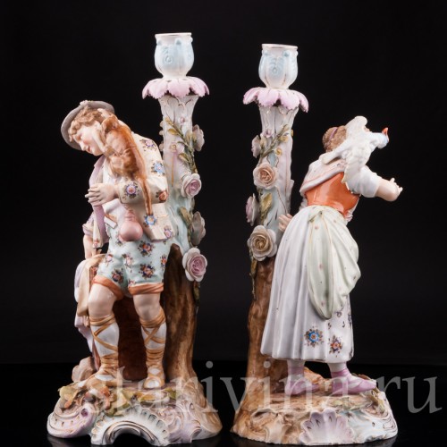 Старинная фарфоровая композиция Пара с подсвечниками, Volkstedt, Германия, кон. 19 в.