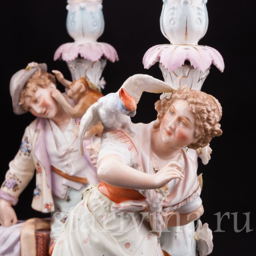 Старинная фарфоровая композиция Пара с подсвечниками, Volkstedt, Германия, кон. 19 в.