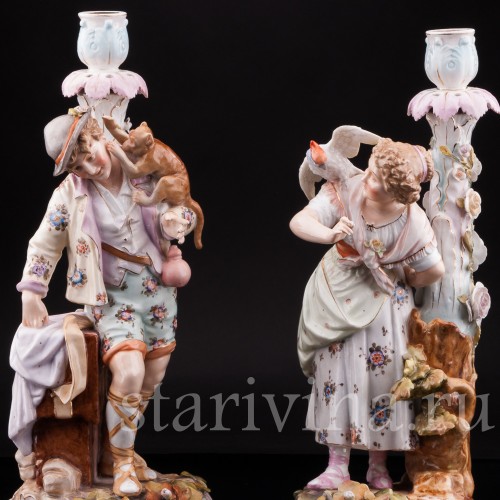 Старинная фарфоровая композиция Пара с подсвечниками, Volkstedt, Германия, кон. 19 в.
