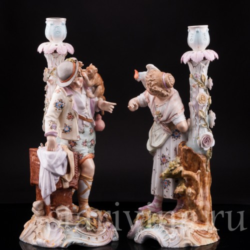 Старинная фарфоровая композиция Пара с подсвечниками, Volkstedt, Германия, кон. 19 в.