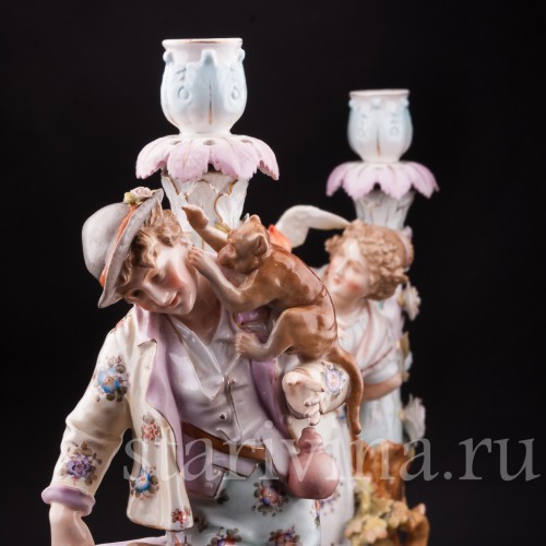 Старинная фарфоровая композиция Пара с подсвечниками, Volkstedt, Германия, кон. 19 в.