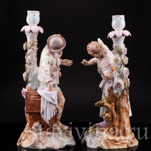 Старинная фарфоровая композиция Пара с подсвечниками, Volkstedt, Германия, кон. 19 в.