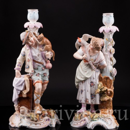 Старинная фарфоровая композиция Пара с подсвечниками, Volkstedt, Германия, кон. 19 в.