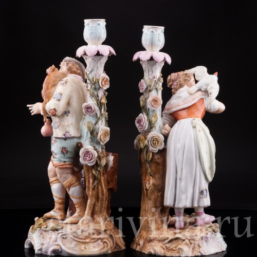Старинная фарфоровая композиция Пара с подсвечниками, Volkstedt, Германия, кон. 19 в.