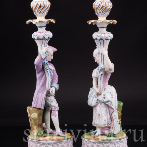 Уцененные фарфоровые Подсвечники Дама и кавалер, Франция, 19 в.