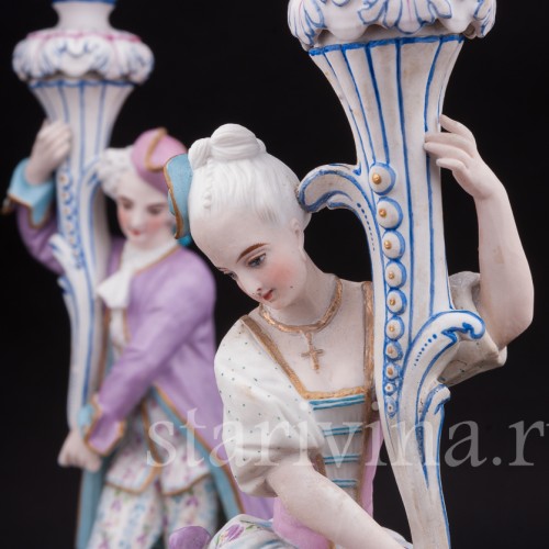 Уцененные фарфоровые Подсвечники Дама и кавалер, Франция, 19 в.