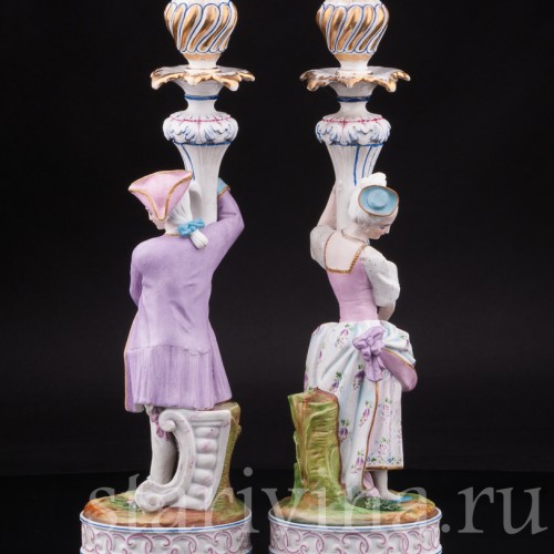 Уцененные фарфоровые Подсвечники Дама и кавалер, Франция, 19 в.