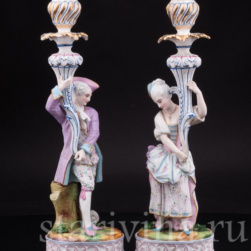 Уцененные фарфоровые Подсвечники Дама и кавалер, Франция, 19 в.