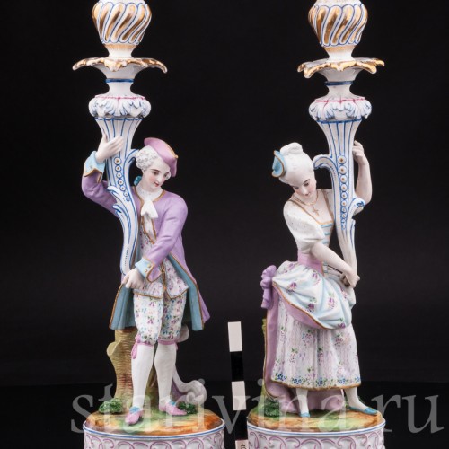 Уцененные фарфоровые Подсвечники Дама и кавалер, Франция, 19 в.