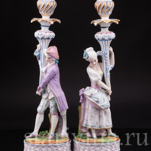 Уцененные фарфоровые Подсвечники Дама и кавалер, Франция, 19 в.