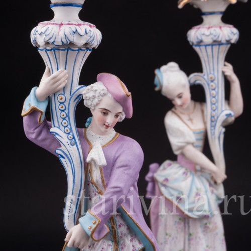 Уцененные фарфоровые Подсвечники Дама и кавалер, Франция, 19 в.