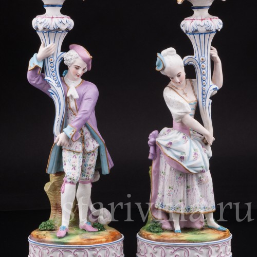 Уцененные фарфоровые Подсвечники Дама и кавалер, Франция, 19 в.