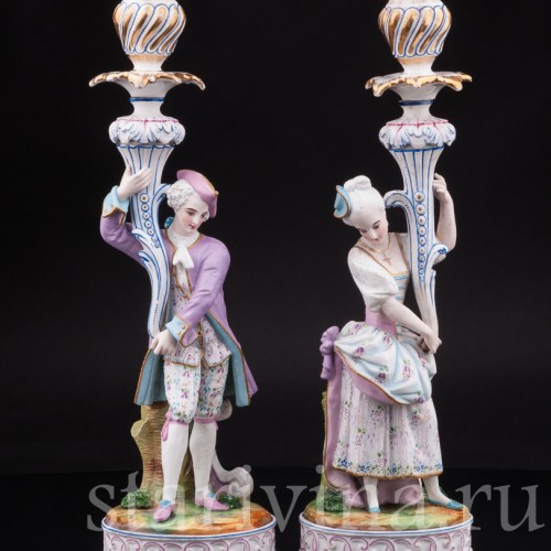 Уцененные фарфоровые Подсвечники Дама и кавалер, Франция, 19 в.