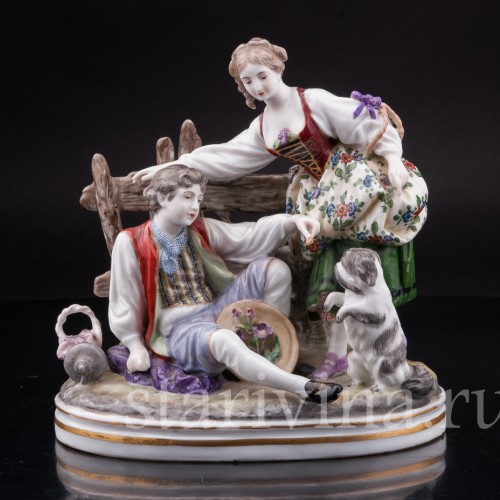Композиция из фарфора Пара с собачкой, Dressel, Kister & Co, Германия, нач. 20 в.