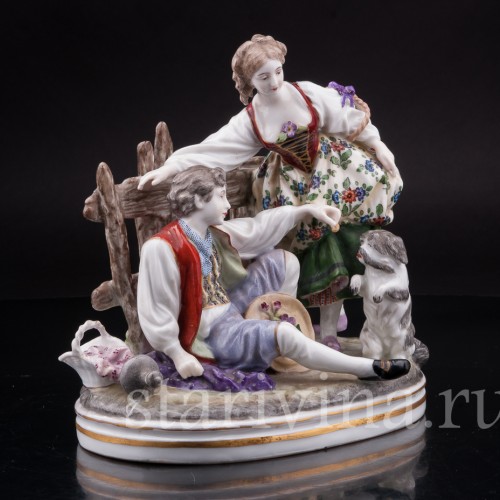Композиция из фарфора Пара с собачкой, Dressel, Kister & Co, Германия, нач. 20 в.