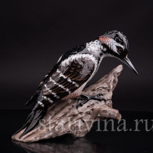 Фарфоровая статуэтка птицы Пестрый дятел на пне, Rosenthal, Германия, 1960 гг.