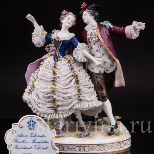 Фарфоровая статуэтка Танцовщица Камарго с кавалером, кружевная, Volkstedt, Германия, до 1935 г.