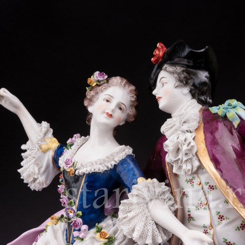 Фарфоровая статуэтка Танцовщица Камарго с кавалером, кружевная, Volkstedt, Германия, до 1935 г.