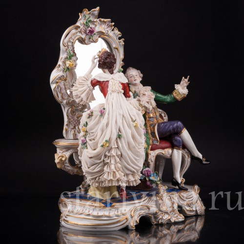 Большая фарфоровая композиция У зеркала, кружевная, Volkstedt, Германия, сер. 20 в.