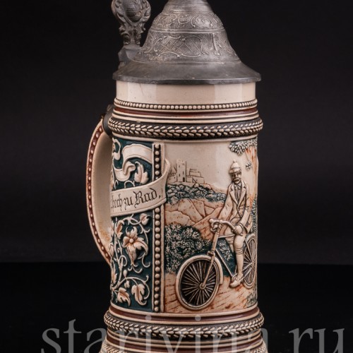  Антикварная пивная кружка Велосипедист, 1/2 л, Marzi & Remy, Германия, 1900 гг.