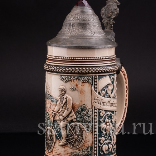  Антикварная пивная кружка Велосипедист, 1/2 л, Marzi & Remy, Германия, 1900 гг.