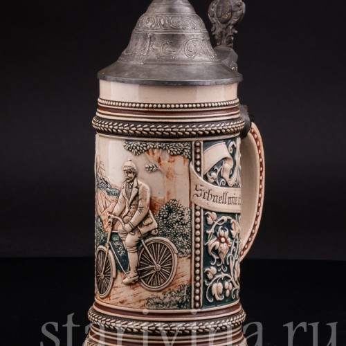  Антикварная пивная кружка Велосипедист, 1/2 л, Marzi & Remy, Германия, 1900 гг.