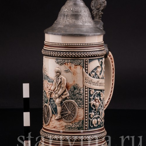  Антикварная пивная кружка Велосипедист, 1/2 л, Marzi & Remy, Германия, 1900 гг.