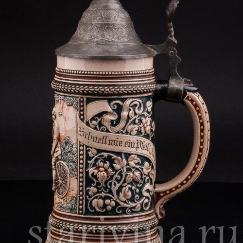  Антикварная пивная кружка Велосипедист, 1/2 л, Marzi & Remy, Германия, 1900 гг.