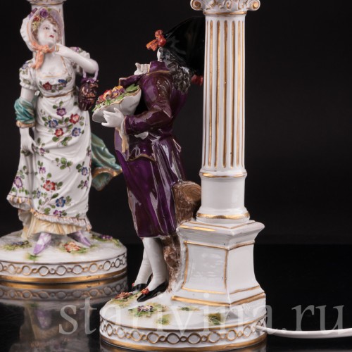 Две фарфоровые лампы Галантная пара, Volkstedt, Германия, кон. 19, нач. 20 вв.